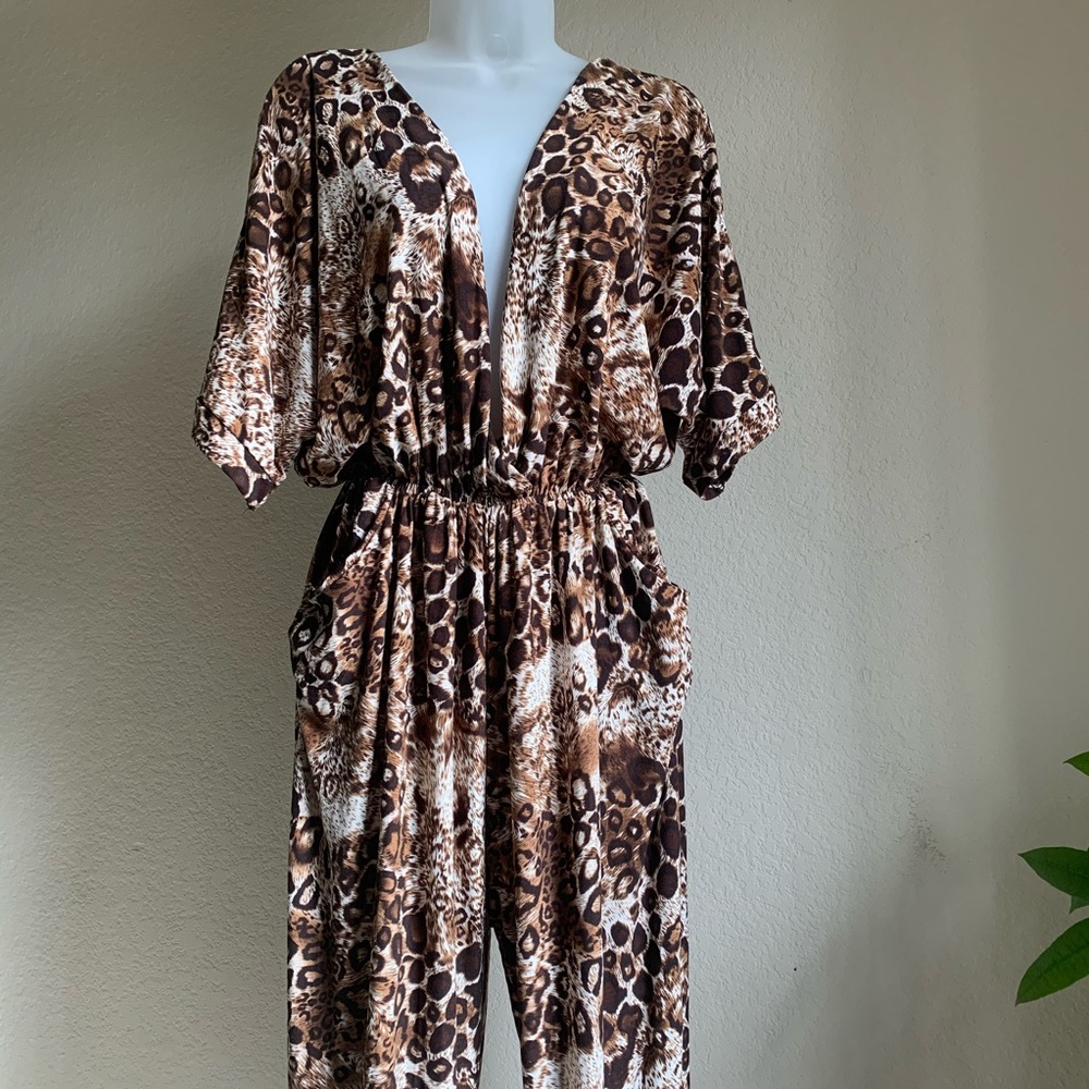 Brown Leopard Print Jumpsuit Scoop neck XL